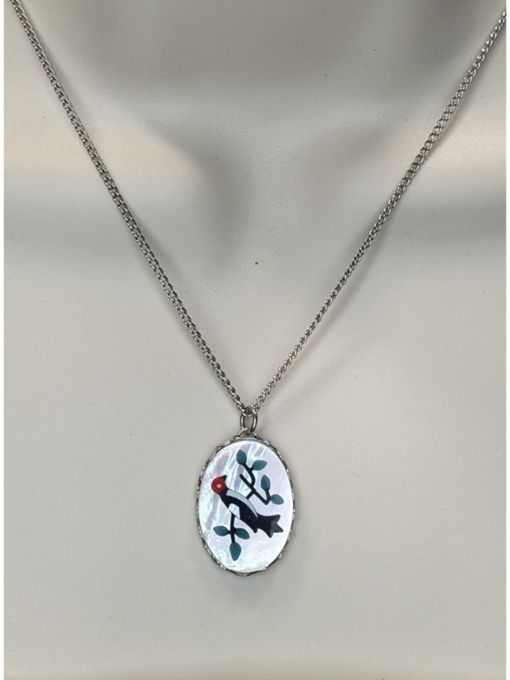Vintage Artisan Mother Of Pearl Necklace With Bird & Branch Design